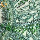 दुल्हन की पोशाक के लिए परिष्कृत हरी मनके फीता कपड़ा / फीता सामग्री कपड़ा