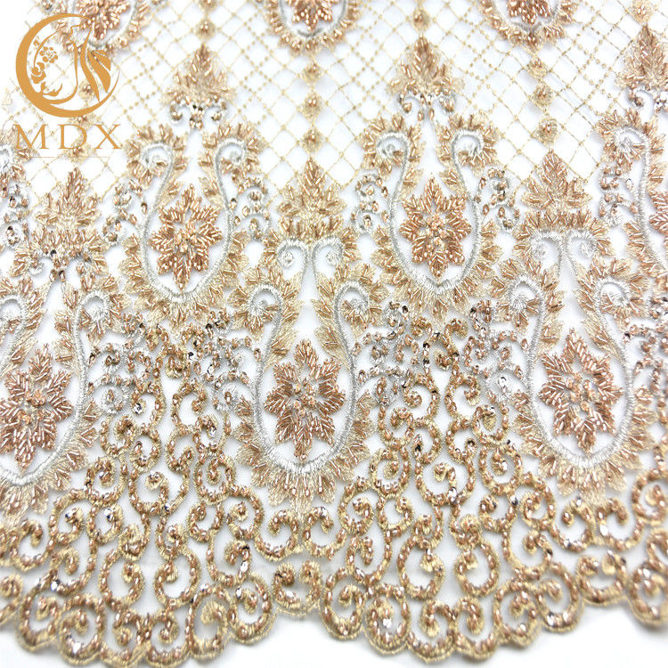 कढ़ाई हस्तनिर्मित सोने का रंग फीता सामग्री शादी की पोशाक के लिए MDX फीता कपड़ा